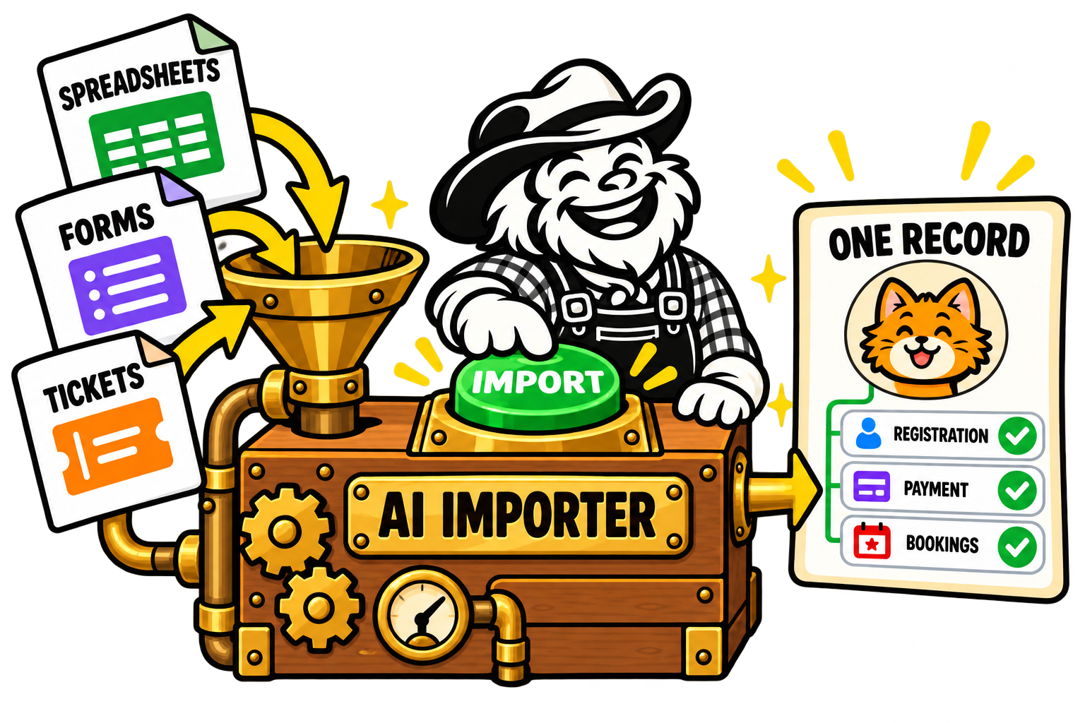 Banjo presses the AI Importer button, bringing spreadsheets, forms and ticketing data into one connected attendee record