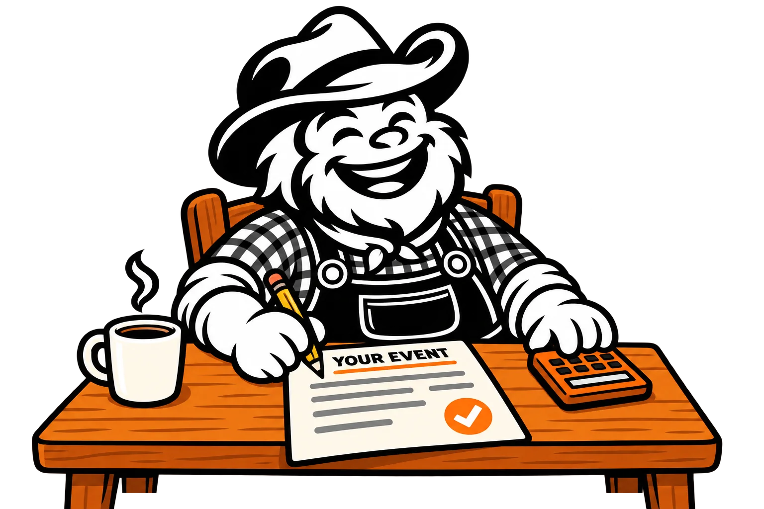 Banjo happily prepares your event quote at his desk with a pencil and calculator