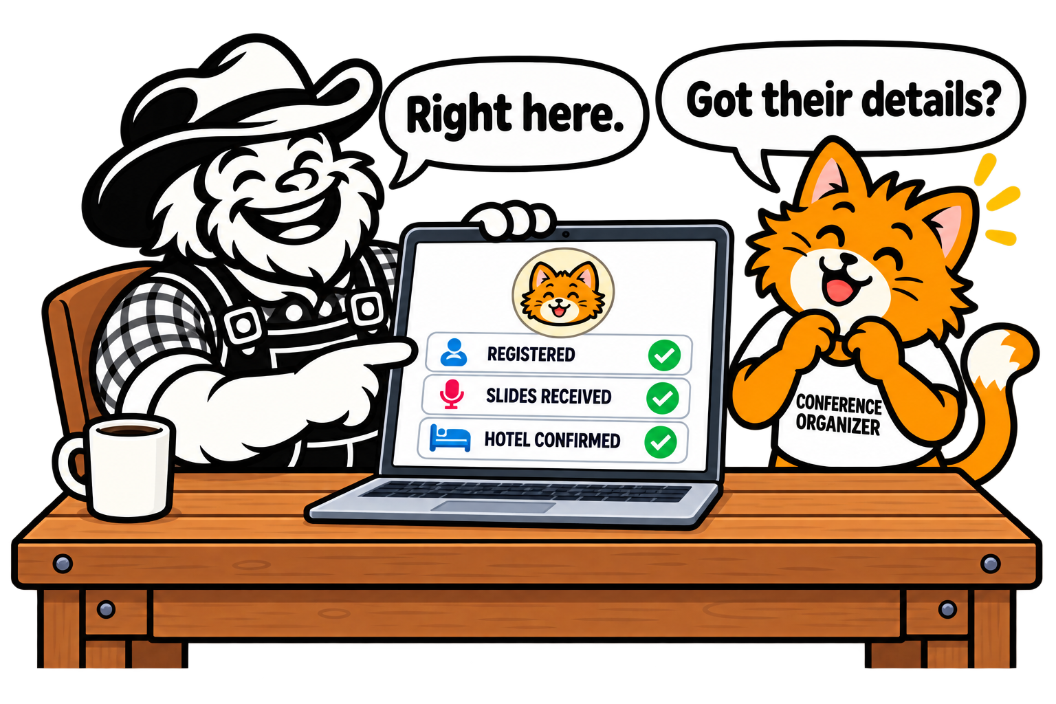 The organizer asks for an attendee’s details and Banjo immediately shows their registration, slides and accommodation in one record