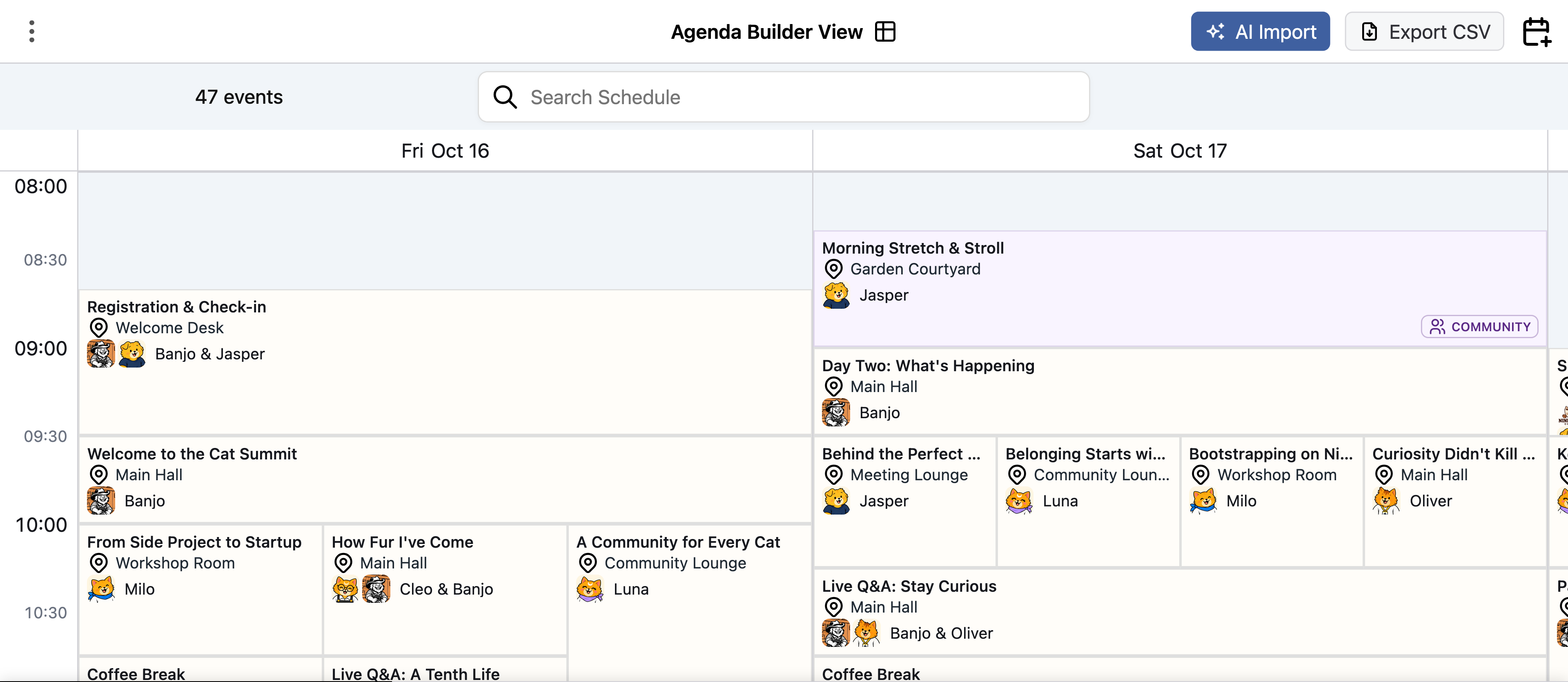 Actual Cat Summit agenda builder showing two days with parallel sessions, venues and speakers