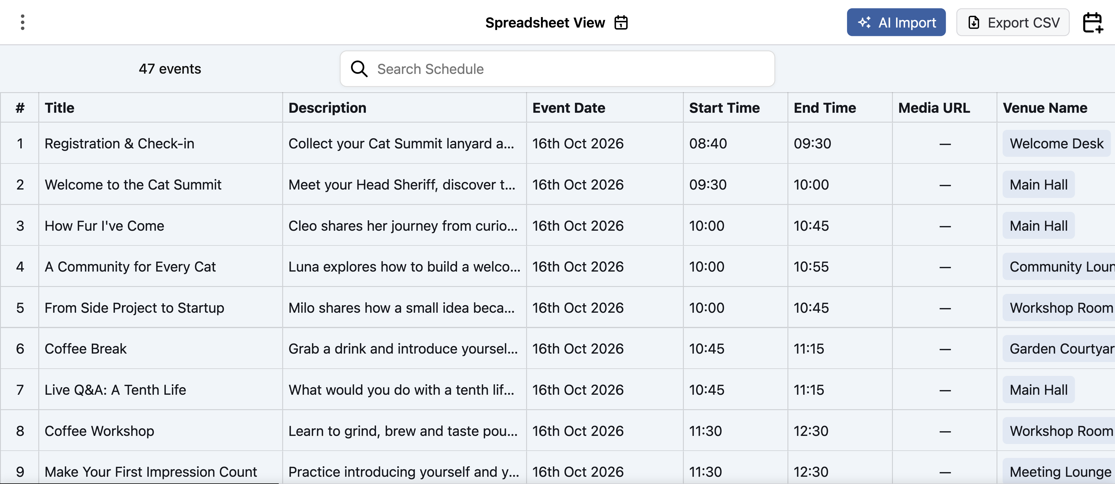 Actual Cat Summit spreadsheet view with session titles, descriptions, dates, times and venues