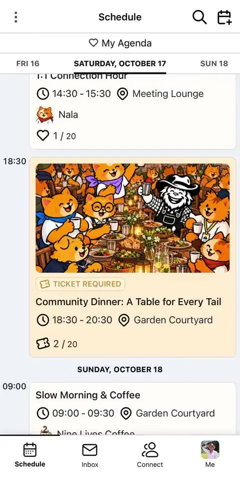 The Cat Summit attendee app showing its own event artwork and community dinner
