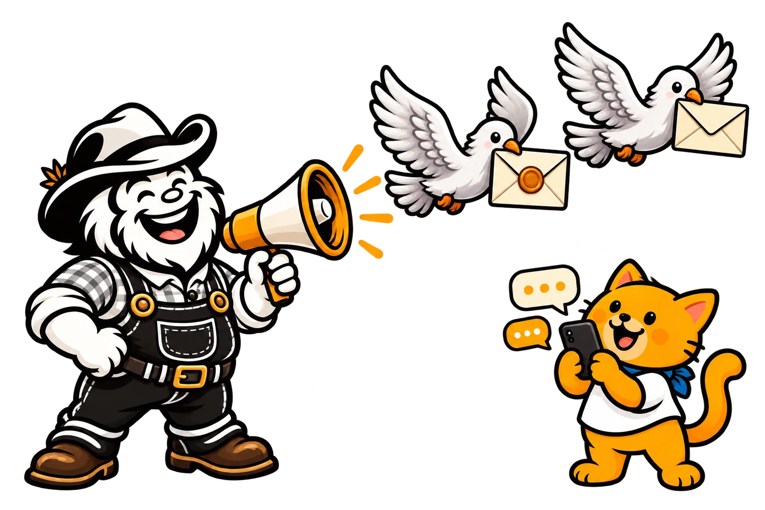 Banjo sends announcements while carrier pigeons deliver event mail