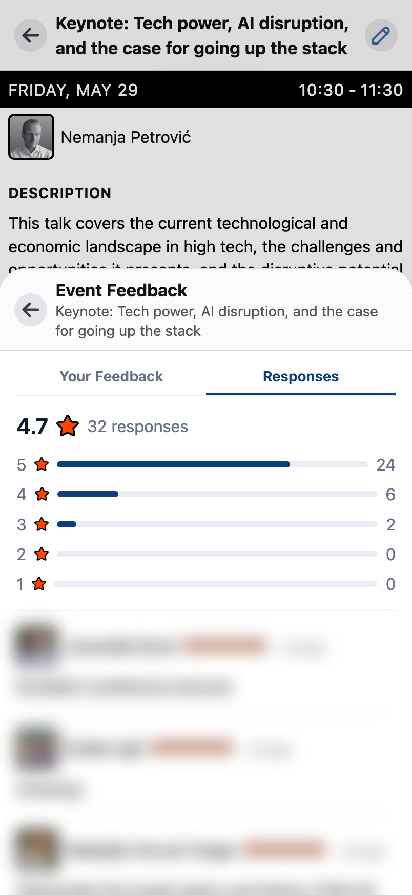 In-app Machine Learning Conference speaker feedback screen