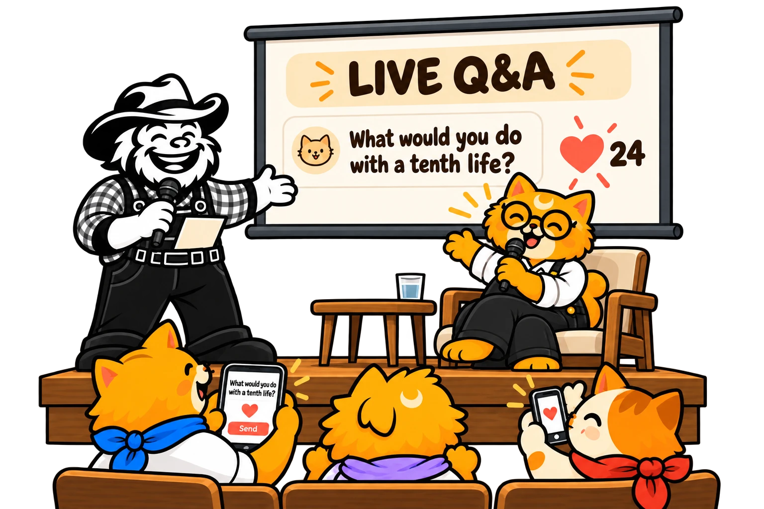Banjo and a Cat Summit speaker discuss an audience question displayed on the big screen