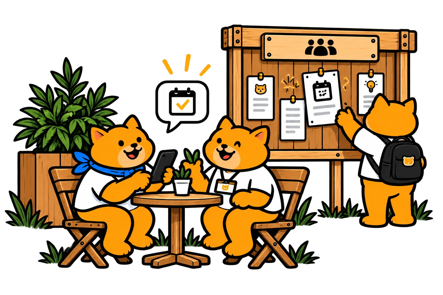 Cat Summit attendees gather at a table while another attendee adds a meetup to the community board