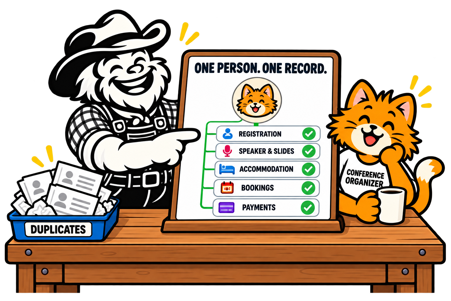 Banjo organizes registration, speaker details, accommodation, bookings and payments around one attendee record