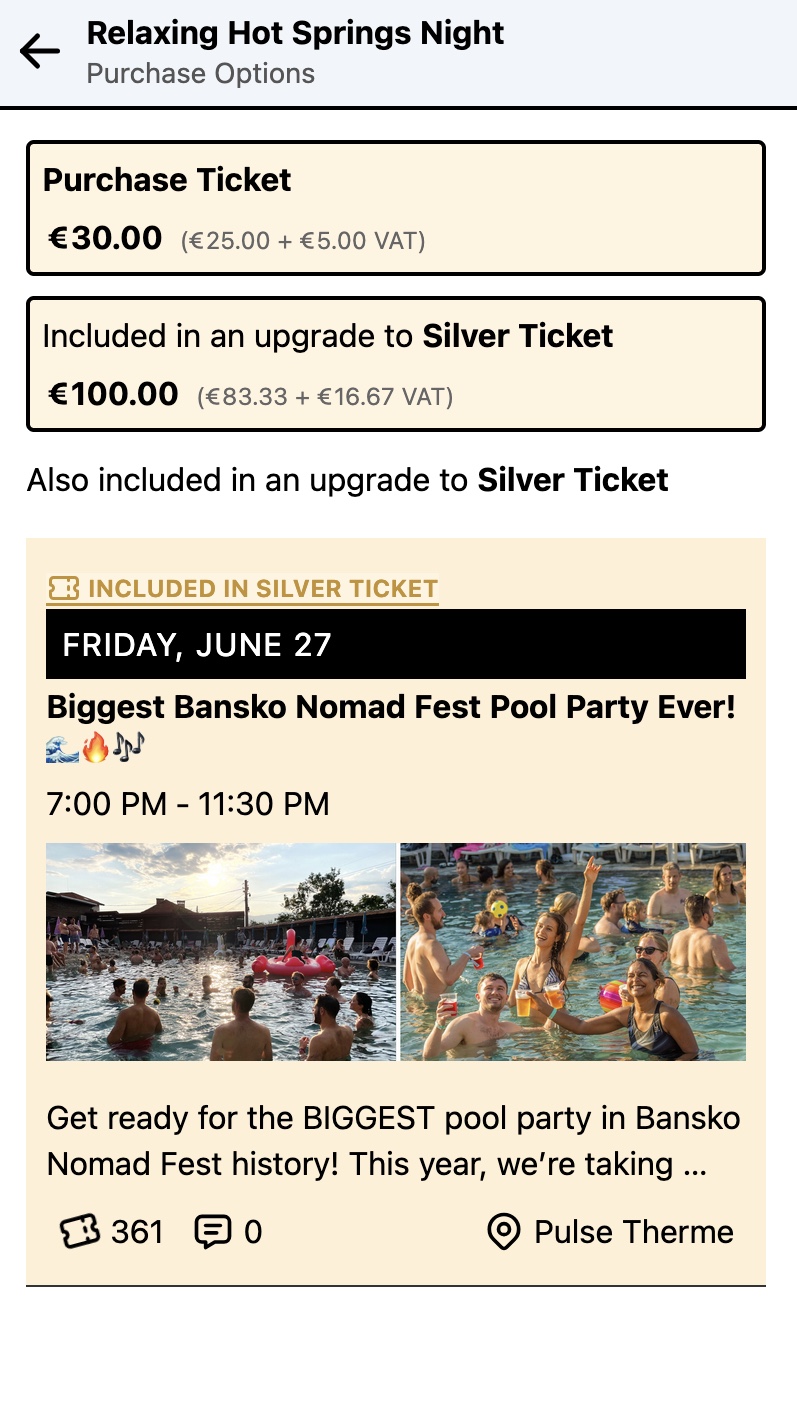 Ticket upgrade purchase screen inside the Conference Cowboy app