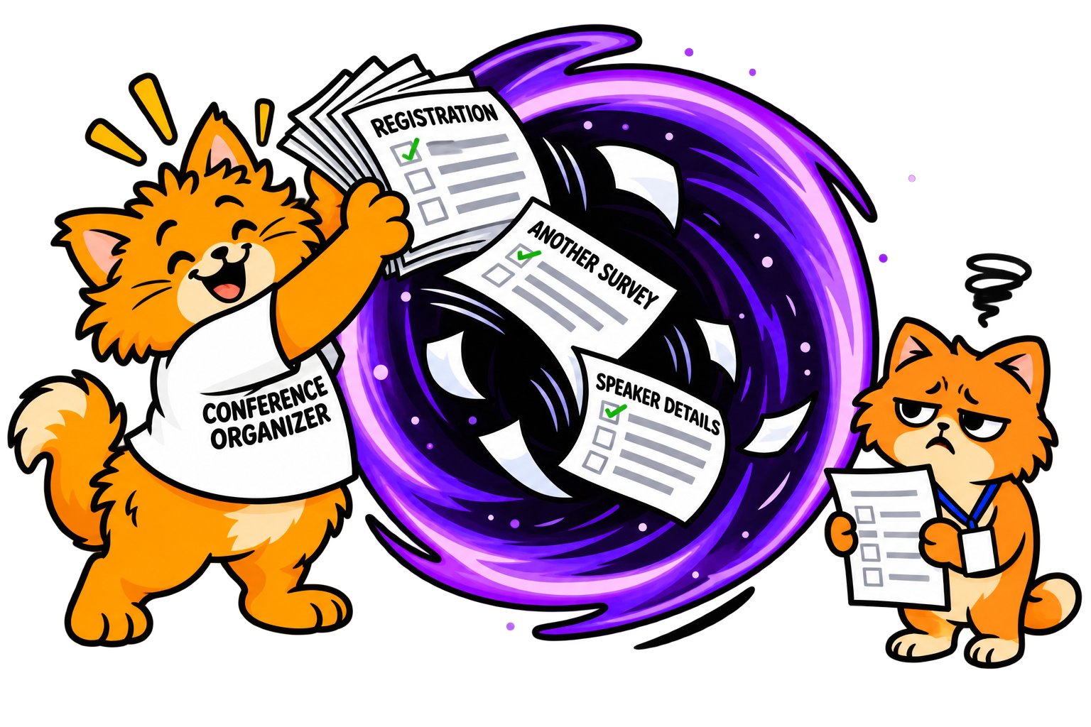 An organizer feeds completed registration forms and surveys into an information black hole