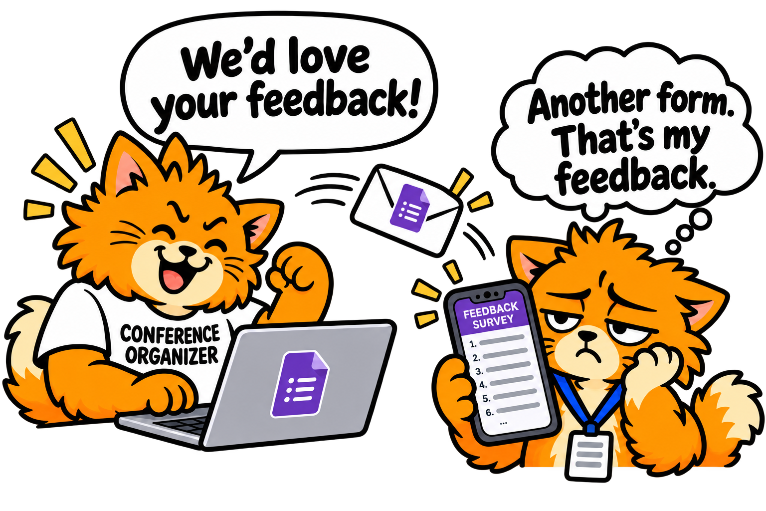 An excited organizer asks for feedback while the attendee thinks: Another form. That’s my feedback.