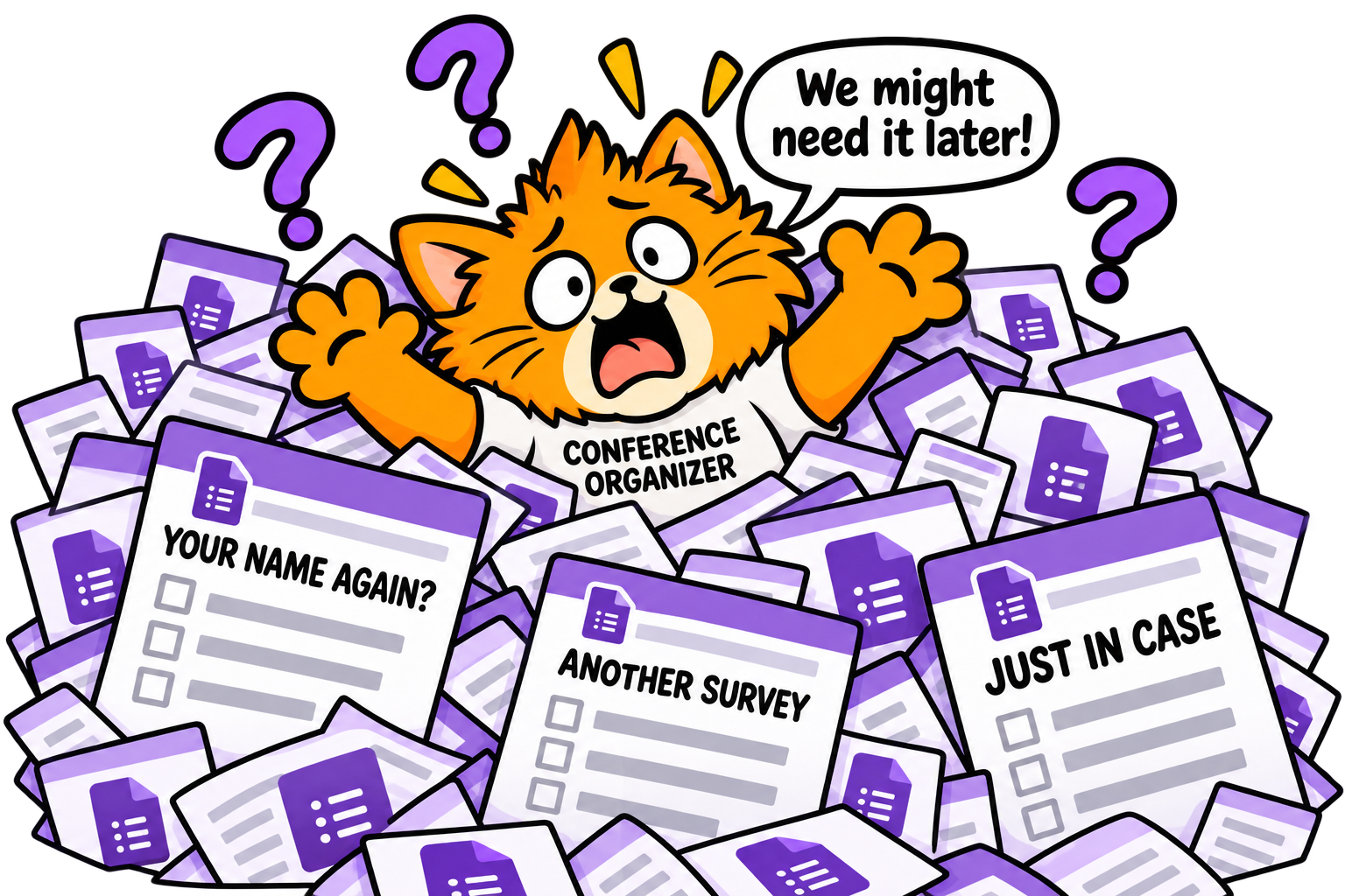 An organizer drowning in Google Forms and hoarded questions insists they might need the information later