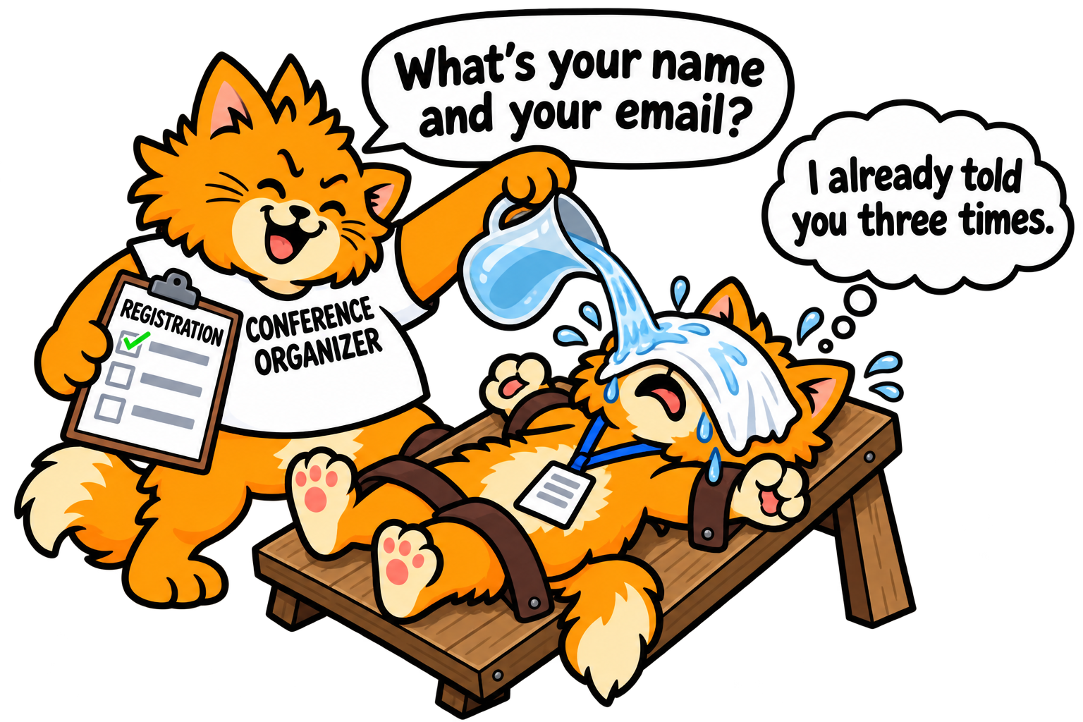 An organizer waterboards an attendee while asking for their name and email again; the attendee thinks they already answered three times