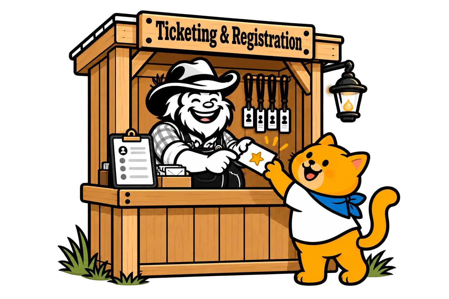Banjo hands a ticket to a Cat Summit attendee at the registration booth