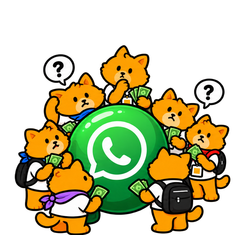 Confused attendees hold their money around a WhatsApp logo