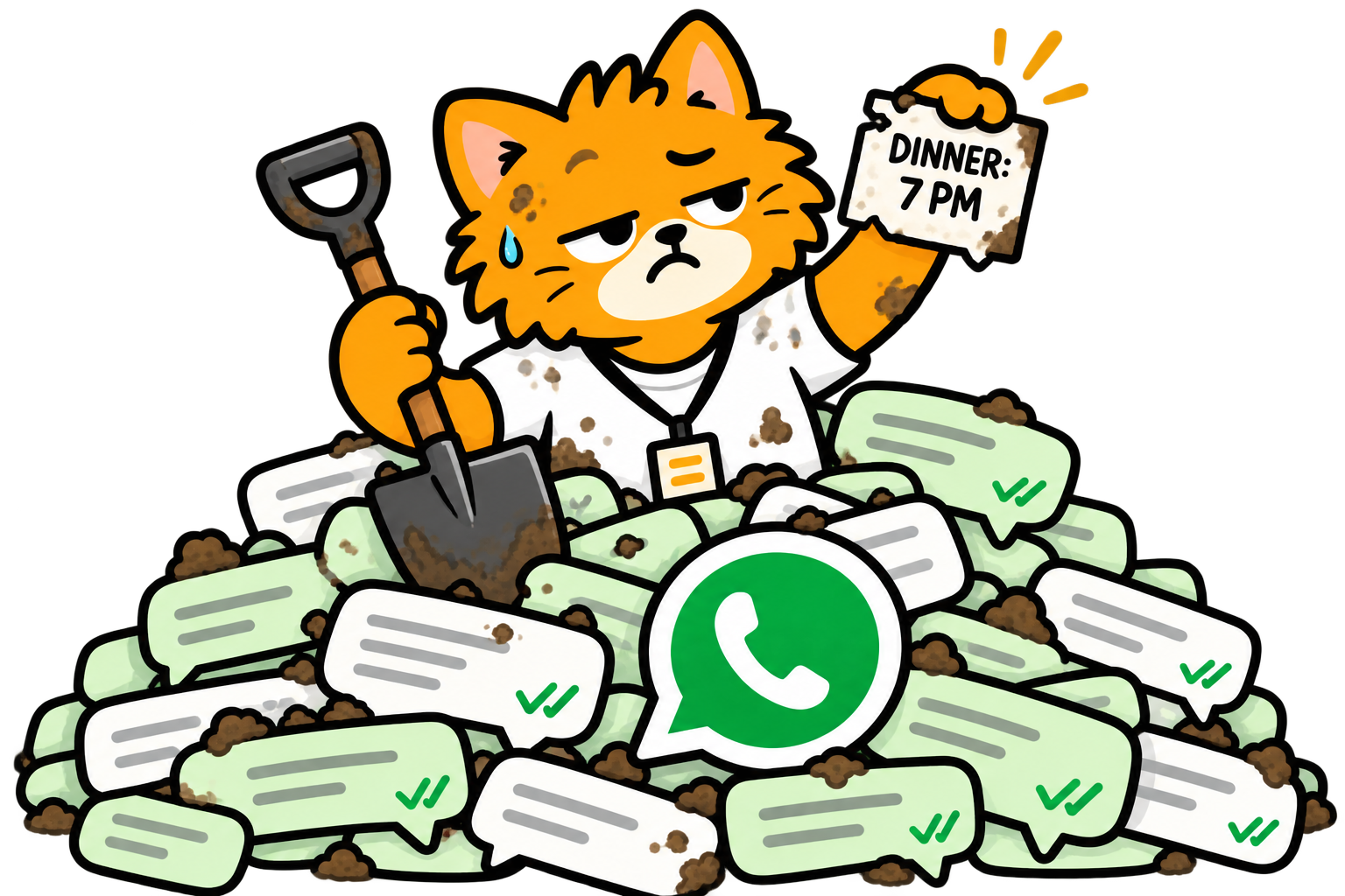 An exhausted attendee cat excavates WhatsApp messages with a shovel to discover that dinner is at 7 PM