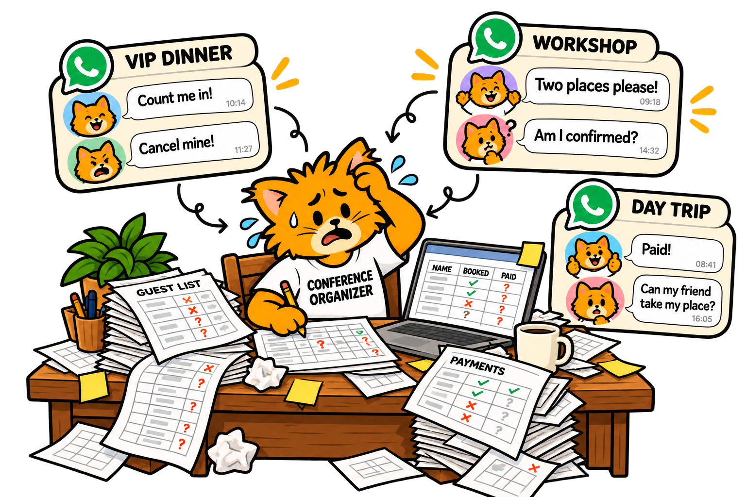 An organizer reconciles dinner, workshop and day trip messages with guest lists and payments